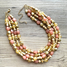 Load image into Gallery viewer, Golden Champagne Bubbles Elegance Extra Chunky Statement Necklace, tan gold beaded jewelry, Multi Strand 5 Bib Necklace, Beaded necklace