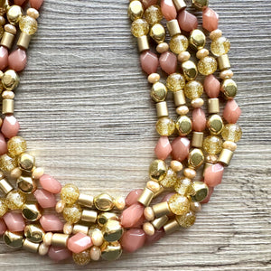 Golden Champagne Bubbles Elegance Extra Chunky Statement Necklace, tan gold beaded jewelry, Multi Strand 5 Bib Necklace, Beaded necklace
