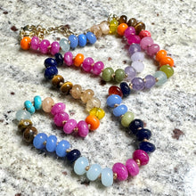 Load image into Gallery viewer, Polished Agate GemStone Necklace knotted gold statement necklace, long beaded layering jewelry, rainbow rondelle stone bead