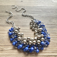 Load image into Gallery viewer, Blue Water Bubble Ombré Silver &amp; Royal Cluster Necklace, Game Day Bridesmaid Jewelry periwinkle dressy necklace beaded statement bib