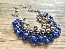 Load image into Gallery viewer, Blue Water Bubble Ombré Silver &amp; Royal Cluster Necklace, Game Day Bridesmaid Jewelry periwinkle dressy necklace beaded statement bib