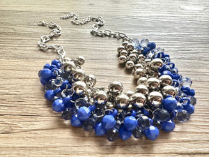 Blue Water Bubble Ombré Silver & Royal Cluster Necklace, Game Day Bridesmaid Jewelry periwinkle dressy necklace beaded statement bib