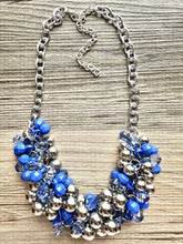 Load image into Gallery viewer, Blue Water Bubble Ombré Silver &amp; Royal Cluster Necklace, Game Day Bridesmaid Jewelry periwinkle dressy necklace beaded statement bib