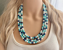 Load image into Gallery viewer, Last One! Robin&#39;s Egg Blue Ombré Pearl layering Statement Necklace, bridesmaid necklace, pearl bib necklace, blue turquoise aqua navy white