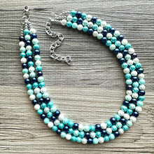 Load image into Gallery viewer, Last One! Robin&#39;s Egg Blue Ombré Pearl layering Statement Necklace, bridesmaid necklace, pearl bib necklace, blue turquoise aqua navy white