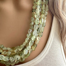 Load image into Gallery viewer, Genuine Green Prehnite Statement Necklace, Chunky 5 Strand Jewelry, silver necklace, thick collar beaded bib glass metal olive gemstone