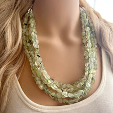 Load image into Gallery viewer, Genuine Green Prehnite Statement Necklace, Chunky 5 Strand Jewelry, silver necklace, thick collar beaded bib glass metal olive gemstone