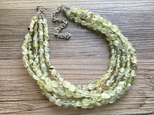 Load image into Gallery viewer, Genuine Green Prehnite Statement Necklace, Chunky 5 Strand Jewelry, silver necklace, thick collar beaded bib glass metal olive gemstone