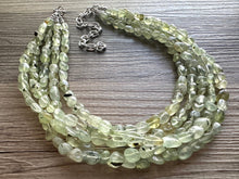 Load image into Gallery viewer, Genuine Green Prehnite Statement Necklace, Chunky 5 Strand Jewelry, silver necklace, thick collar beaded bib glass metal olive gemstone