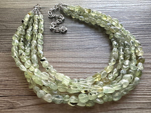 Genuine Green Prehnite Statement Necklace, Chunky 5 Strand Jewelry, silver necklace, thick collar beaded bib glass metal olive gemstone