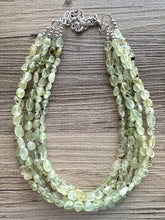 Load image into Gallery viewer, Genuine Green Prehnite Statement Necklace, Chunky 5 Strand Jewelry, silver necklace, thick collar beaded bib glass metal olive gemstone