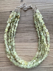 Genuine Green Prehnite Statement Necklace, Chunky 5 Strand Jewelry, silver necklace, thick collar beaded bib glass metal olive gemstone