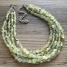 Load image into Gallery viewer, Genuine Green Prehnite Statement Necklace, Chunky 5 Strand Jewelry, silver necklace, thick collar beaded bib glass metal olive gemstone