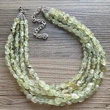 Load image into Gallery viewer, Genuine Green Prehnite Statement Necklace, Chunky 5 Strand Jewelry, silver necklace, thick collar beaded bib glass metal olive gemstone