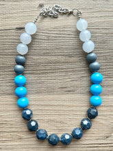 Load image into Gallery viewer, Vintage Wood Beaded long necklace, layering beaded statement necklace, everyday navy blue chunky layering aqua turquoise single strand