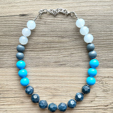 Load image into Gallery viewer, Vintage Wood Beaded long necklace, layering beaded statement necklace, everyday navy blue chunky layering aqua turquoise single strand