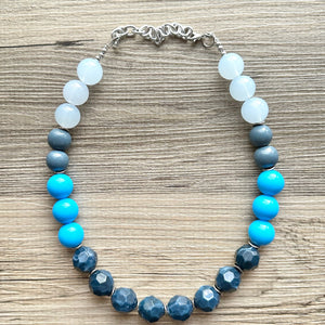 Vintage Wood Beaded long necklace, layering beaded statement necklace, everyday navy blue chunky layering aqua turquoise single strand