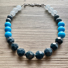 Load image into Gallery viewer, Vintage Wood Beaded long necklace, layering beaded statement necklace, everyday navy blue chunky layering aqua turquoise single strand