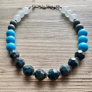 Vintage Wood Beaded long necklace, layering beaded statement necklace, everyday navy blue chunky layering aqua turquoise single strand