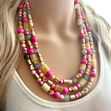 Load image into Gallery viewer, Blush Pink and Neutrals Necklace, Pink Jewelry, chunky beaded statement necklace, gray gold RoseGold hot pink magenta beaded