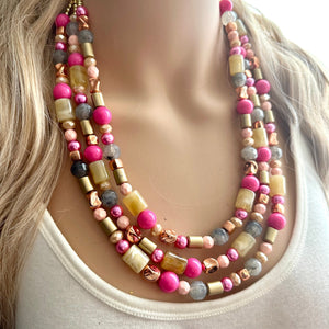 Blush Pink and Neutrals Necklace, Pink Jewelry, chunky beaded statement necklace, gray gold RoseGold hot pink magenta beaded