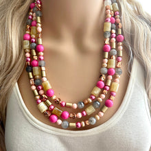 Load image into Gallery viewer, Blush Pink and Neutrals Necklace, Pink Jewelry, chunky beaded statement necklace, gray gold RoseGold hot pink magenta beaded