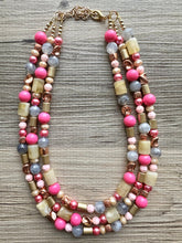 Load image into Gallery viewer, Blush Pink and Neutrals Necklace, Pink Jewelry, chunky beaded statement necklace, gray gold RoseGold hot pink magenta beaded