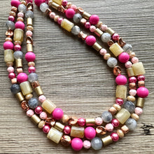 Load image into Gallery viewer, Blush Pink and Neutrals Necklace, Pink Jewelry, chunky beaded statement necklace, gray gold RoseGold hot pink magenta beaded