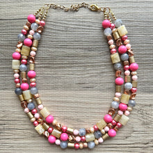 Load image into Gallery viewer, Blush Pink and Neutrals Necklace, Pink Jewelry, chunky beaded statement necklace, gray gold RoseGold hot pink magenta beaded