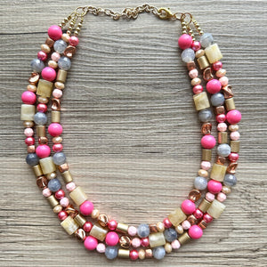 Blush Pink and Neutrals Necklace, Pink Jewelry, chunky beaded statement necklace, gray gold RoseGold hot pink magenta beaded