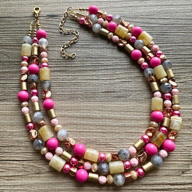 Blush Pink and Neutrals Necklace, Pink Jewelry, chunky beaded statement necklace, gray gold RoseGold hot pink magenta beaded