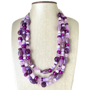 Purple Ombré statement necklace, chunky bib necklace, beaded jewelry lavender necklace, three strand deep purple jewelry eggplant