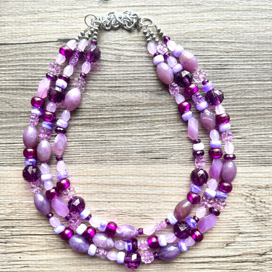 Purple Ombré statement necklace, chunky bib necklace, beaded jewelry lavender necklace, three strand deep purple jewelry eggplant