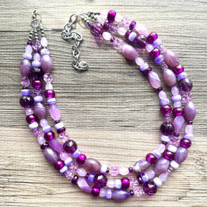 Purple Ombré statement necklace, chunky bib necklace, beaded jewelry lavender necklace, three strand deep purple jewelry eggplant