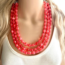 Load image into Gallery viewer, Coral Summer Sunrise Big Bead Necklace, 3 Strand Statement Jewelry, Chunky bib bridesmaid or everyday jewelry pink red tangerine