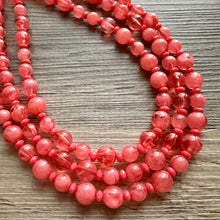 Load image into Gallery viewer, Coral Summer Sunrise Big Bead Necklace, 3 Strand Statement Jewelry, Chunky bib bridesmaid or everyday jewelry pink red tangerine