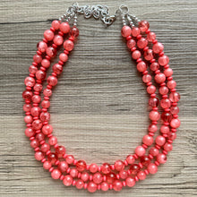 Load image into Gallery viewer, Coral Summer Sunrise Big Bead Necklace, 3 Strand Statement Jewelry, Chunky bib bridesmaid or everyday jewelry pink red tangerine