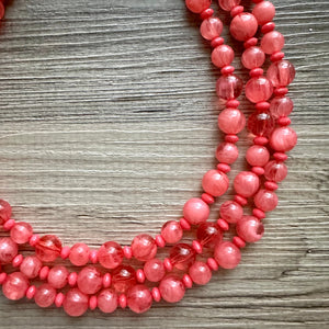 Coral Summer Sunrise Big Bead Necklace, 3 Strand Statement Jewelry, Chunky bib bridesmaid or everyday jewelry pink red tangerine