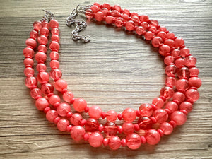 Coral Summer Sunrise Big Bead Necklace, 3 Strand Statement Jewelry, Chunky bib bridesmaid or everyday jewelry pink red tangerine