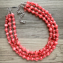 Load image into Gallery viewer, Coral Summer Sunrise Big Bead Necklace, 3 Strand Statement Jewelry, Chunky bib bridesmaid or everyday jewelry pink red tangerine