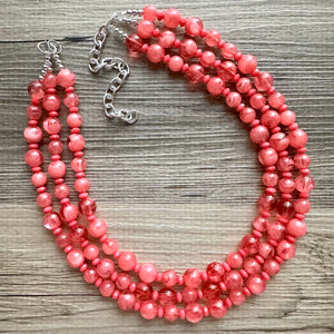 Coral Summer Sunrise Big Bead Necklace, 3 Strand Statement Jewelry, Chunky bib bridesmaid or everyday jewelry pink red tangerine