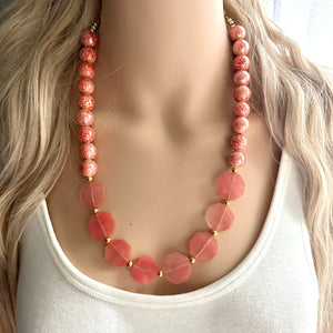 Cherry Rose Quartz GemStone Chunky Statement Necklace, long agate gem jewelry beaded necklace, agate stone jewelry pendant long