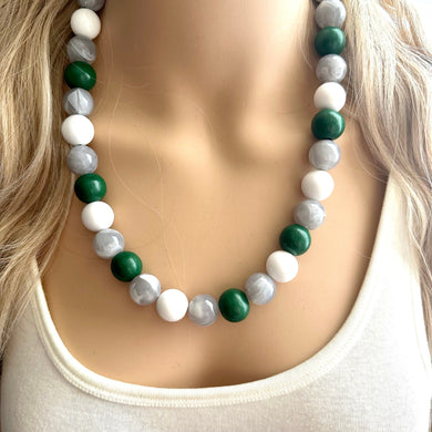 Green & White Statement Necklace, football jewelry, dark green bib chunky necklace, sports team gray ombré white beaded necklace silver