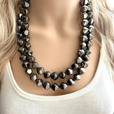 Rising Tides Statement Necklace, Gunmetal Gray mirror, silver geometric 2 strand Chunky edge Beaded bib thick neutral