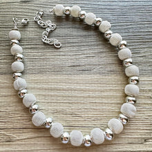 Load image into Gallery viewer, Mirror Silver Single strand jewelry, bib beaded chunky statement necklace, bridesmaid metallic silver geometric gray circle mesh