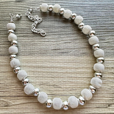 Mirror Silver Single strand jewelry, bib beaded chunky statement necklace, bridesmaid metallic silver geometric gray circle mesh