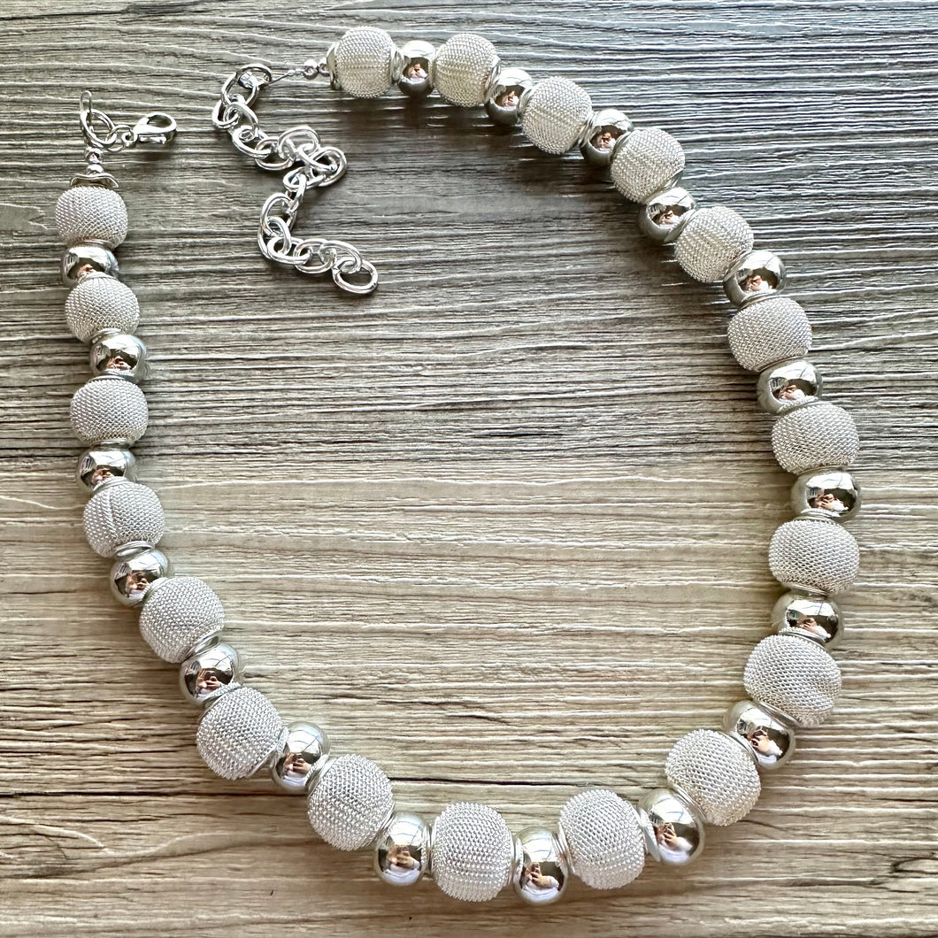 Mirror Silver Single strand jewelry, bib beaded chunky statement necklace, bridesmaid metallic silver geometric gray circle mesh