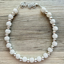 Load image into Gallery viewer, Mirror Silver Single strand jewelry, bib beaded chunky statement necklace, bridesmaid metallic silver geometric gray circle mesh