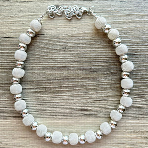 Mirror Silver Single strand jewelry, bib beaded chunky statement necklace, bridesmaid metallic silver geometric gray circle mesh