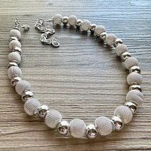 Load image into Gallery viewer, Mirror Silver Single strand jewelry, bib beaded chunky statement necklace, bridesmaid metallic silver geometric gray circle mesh